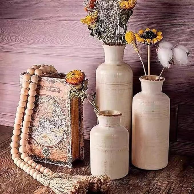 Ceramic Vase Set of 3,Modern Small Vase for Flowers,Rustic Vintage Ceramic Flower Vases for Home Decor,Decorative Vases for Table Centerpiece,Bookshelf,Fireplace and Entryway-VerdiqueGarden