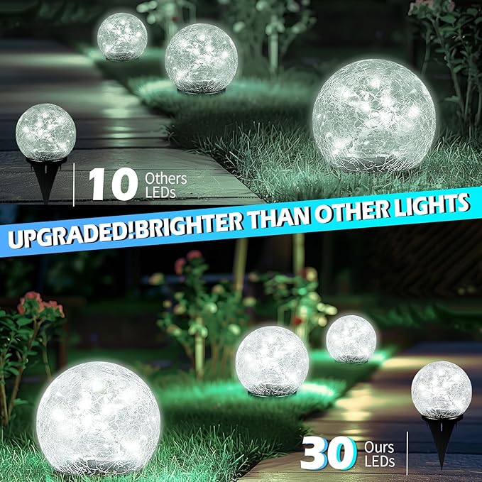 Garden Solar Ball Lights Outdoor Waterproof, 30 LED Cracked Glass Globe Solar Power Ground Lights for Path Yard Patio Lawn, Christmas Decoration Landscape White(2 Pack 3.9'')-VerdiqueGarden