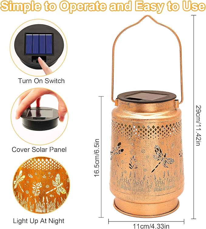 2 Pack Solar Lanterns Outdoor Garden Decor with Shepherd Hook, Gardening Gifts for Mom Grandma Women Dragonfly Metal Decor Lantern Waterproof Solar Lights LED Decorative for Garden Yard Patio-VerdiqueGarden