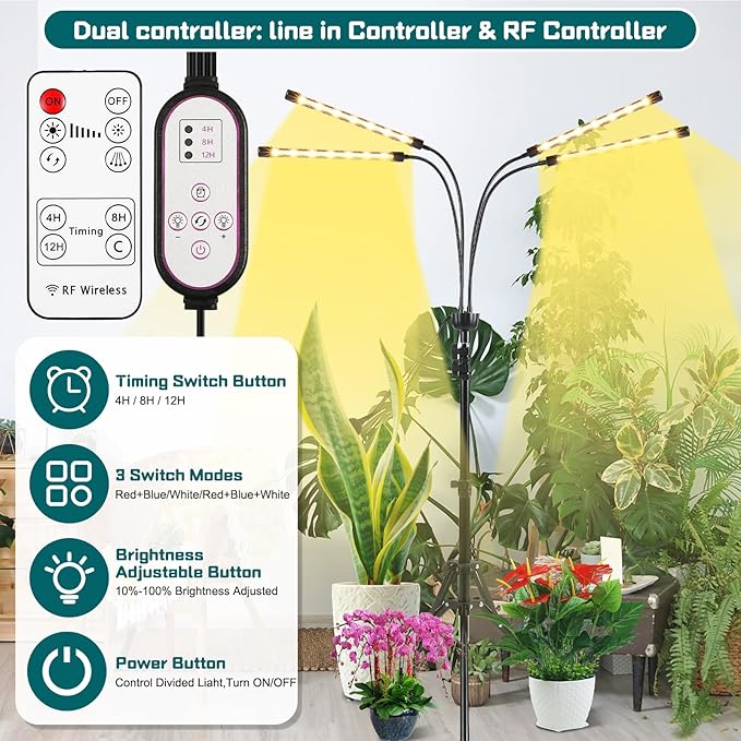 Grow Lights for Indoor Plants Full Spectrum with 15-63 inches Adjustable Tripod Stand Plant Light with 4/8/12H Timer with Remote Control-VerdiqueGarden