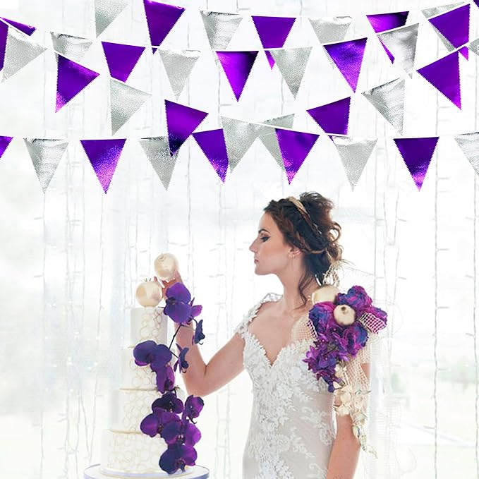 Purple and Silver Party Decorations Triangle Pennant Banner Flag Metallic Fabric Bunting Garland for Birthday Graduation Retirement Bachelorette Wedding Bridal Shower Engagement Disco Party Supplies-VerdiqueGarden