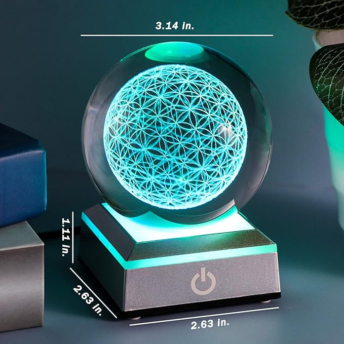 Qianwei Flower of Life Crystal Sphere with Led Colorful Lighting Touch Base, Sacred Geometry Crystal Ball Starlight Magic, Feng Shui Decor Laser Engraved Seek of Flower Inside A Sphere-VerdiqueGarden