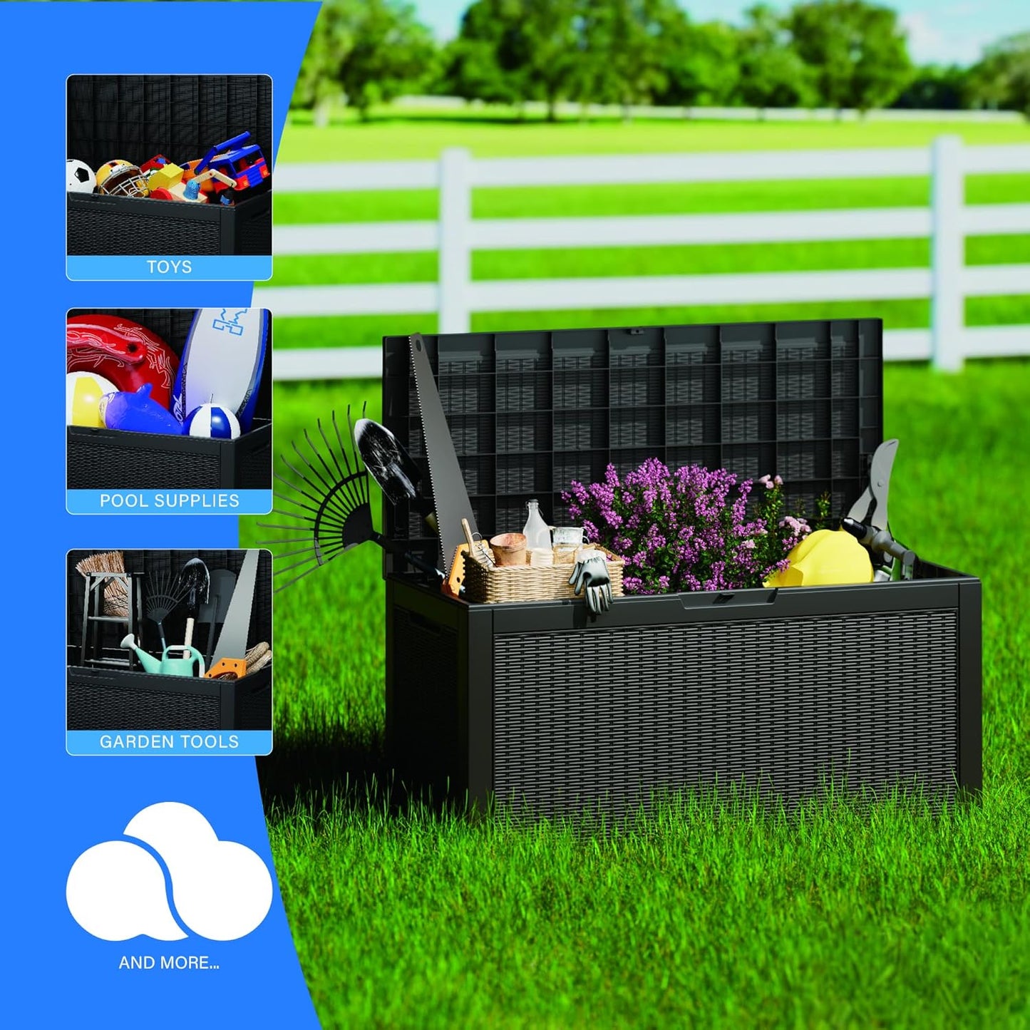 Heavy-Duty 100 Gallon Outdoor Storage Box - All-Weather Patio & Garden Storage Box Waterproof, Lockable Resin Deck Chest for Pool Accessories, UV-Resistant, Obsidian Black-VerdiqueGarden