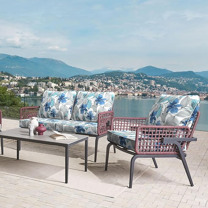 LVTXIII Outdoor Seat and Back Cushion Patio Deep Seat Cushion Set Seasonal Chair Cushion for Wicker Chairs and Garden Furniture Decoration, 24"x24"x4", Clemens Noir Blue-VerdiqueGarden