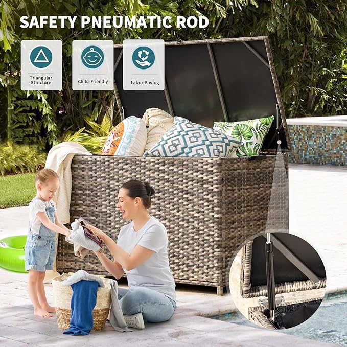 178 Gallon Outdoor Storage Box, Patio Deck Box with 2 Wheels, Handle Large Portable Wicker Rattan Deck Box for Patio Furniture Cushions, Throw Pillows, Garden Tools and Pool Floats (Gray)-VerdiqueGarden