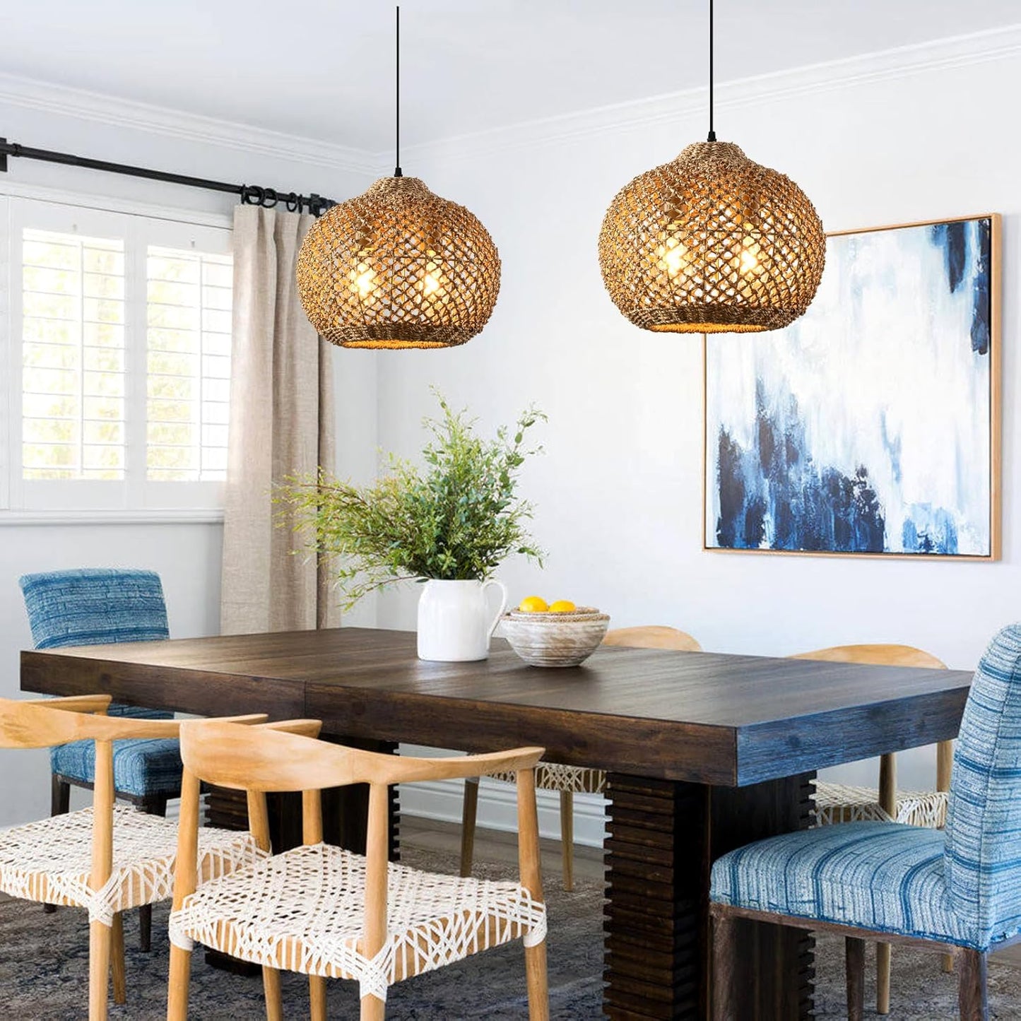 13.79" Rattan Pendant Light, Boho Handmade 2-Light Wicker Chandelier, for Kitchen Island, Bedroom, Dining Room, Entryway, Foyer-VerdiqueGarden