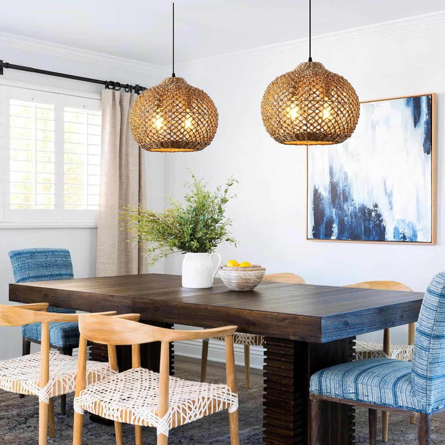 13.79" Rattan Pendant Light, Boho Handmade 2-Light Wicker Chandelier, for Kitchen Island, Bedroom, Dining Room, Entryway, Foyer-VerdiqueGarden