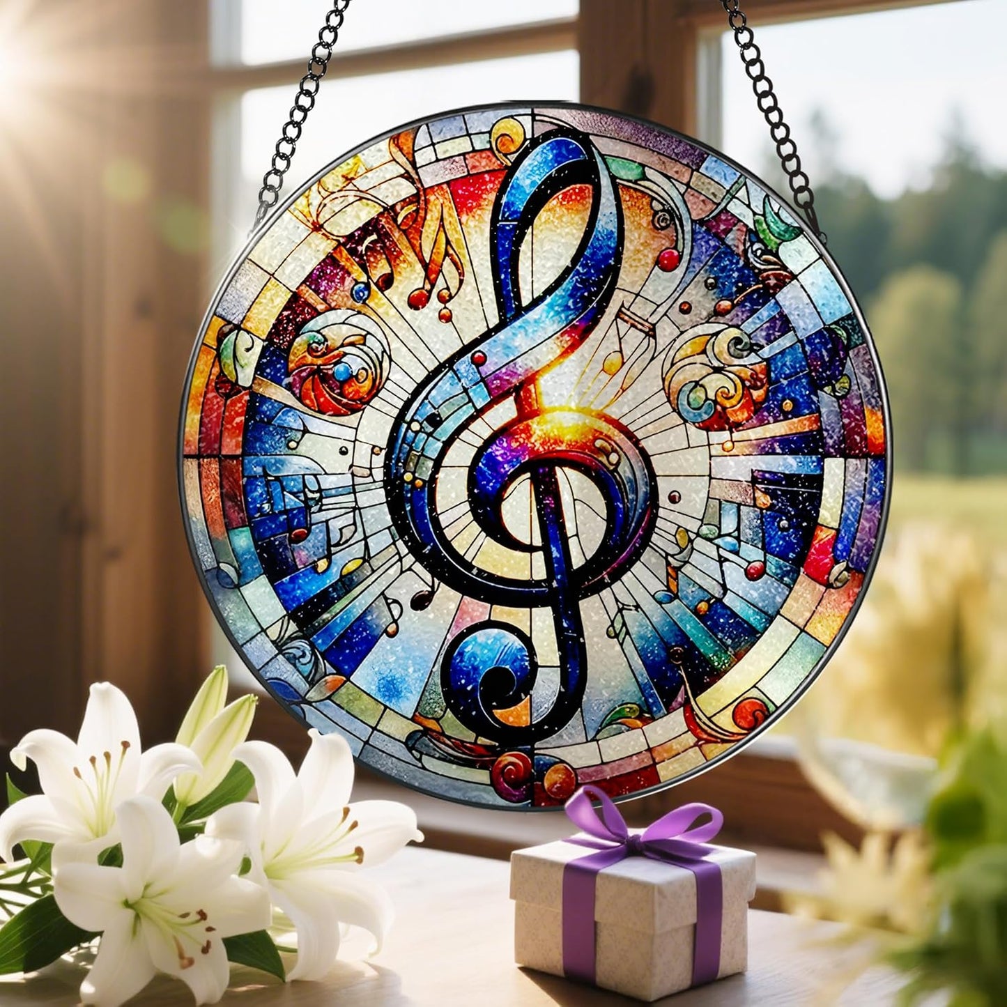 Stained Glass Window Hanging, LAOWEIKI 8'' Musical Note Suncatcher, Stained Glass Ornament, Suncatchers for Windows Hanging, Window Decor, Outdoor or Indoor, Gifts for Friends, Music Lover-VerdiqueGarden