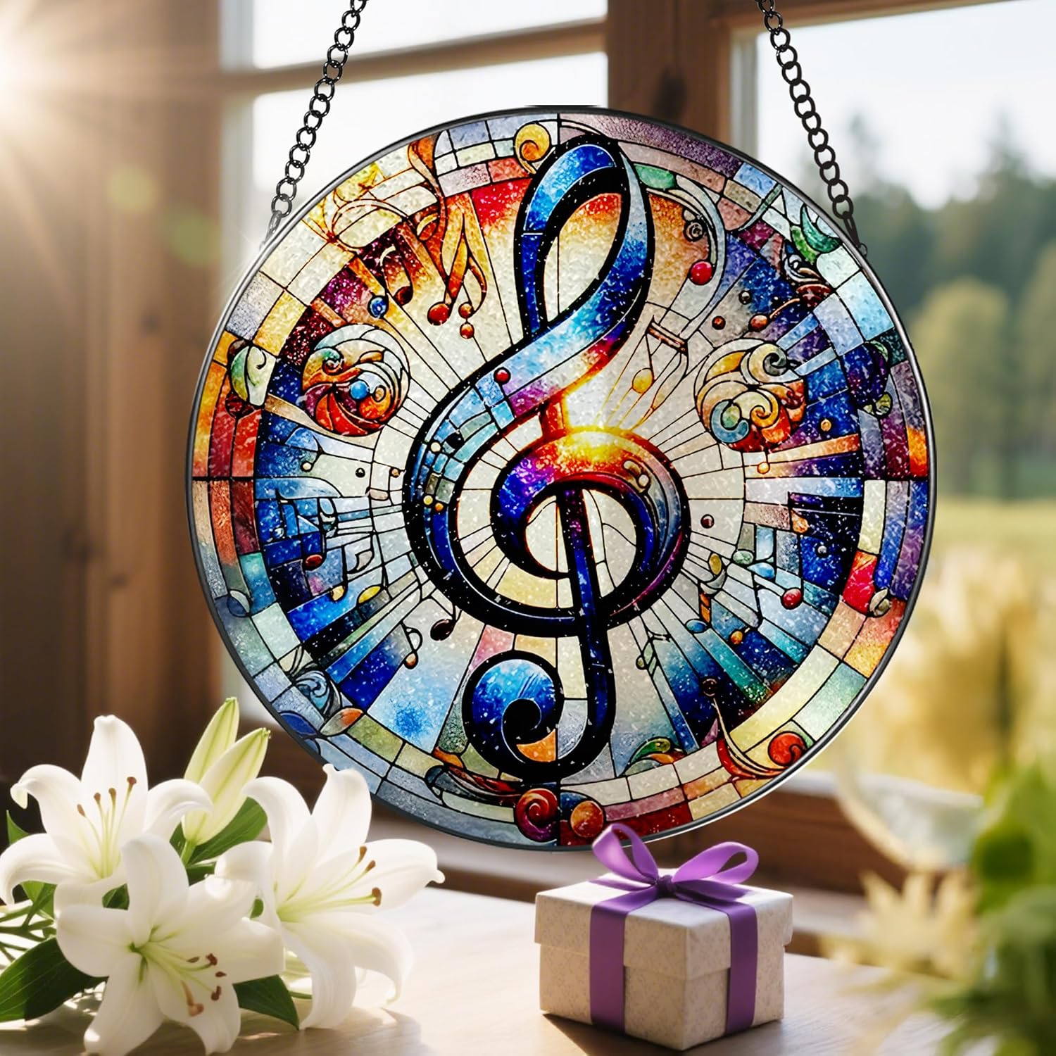 Stained Glass Window Hanging, LAOWEIKI 8'' Musical Note Suncatcher, Stained Glass Ornament, Suncatchers for Windows Hanging, Window Decor, Outdoor or Indoor, Gifts for Friends, Music Lover-VerdiqueGarden