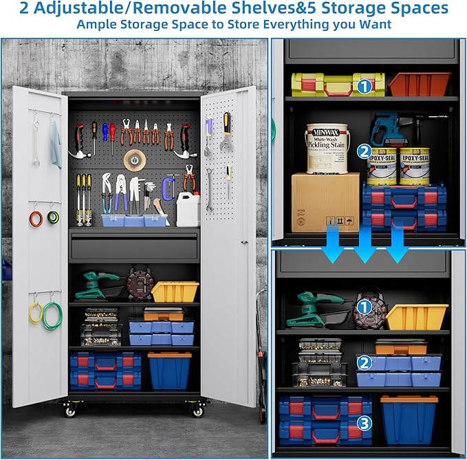 Metal Garage Cabinet with Wheels,71''H Rolling Lockable Steel Tool Storage Cabinet with Pegboard &1 Drawer for Garage,Home,Office,Black Gray, Assembly Required-VerdiqueGarden