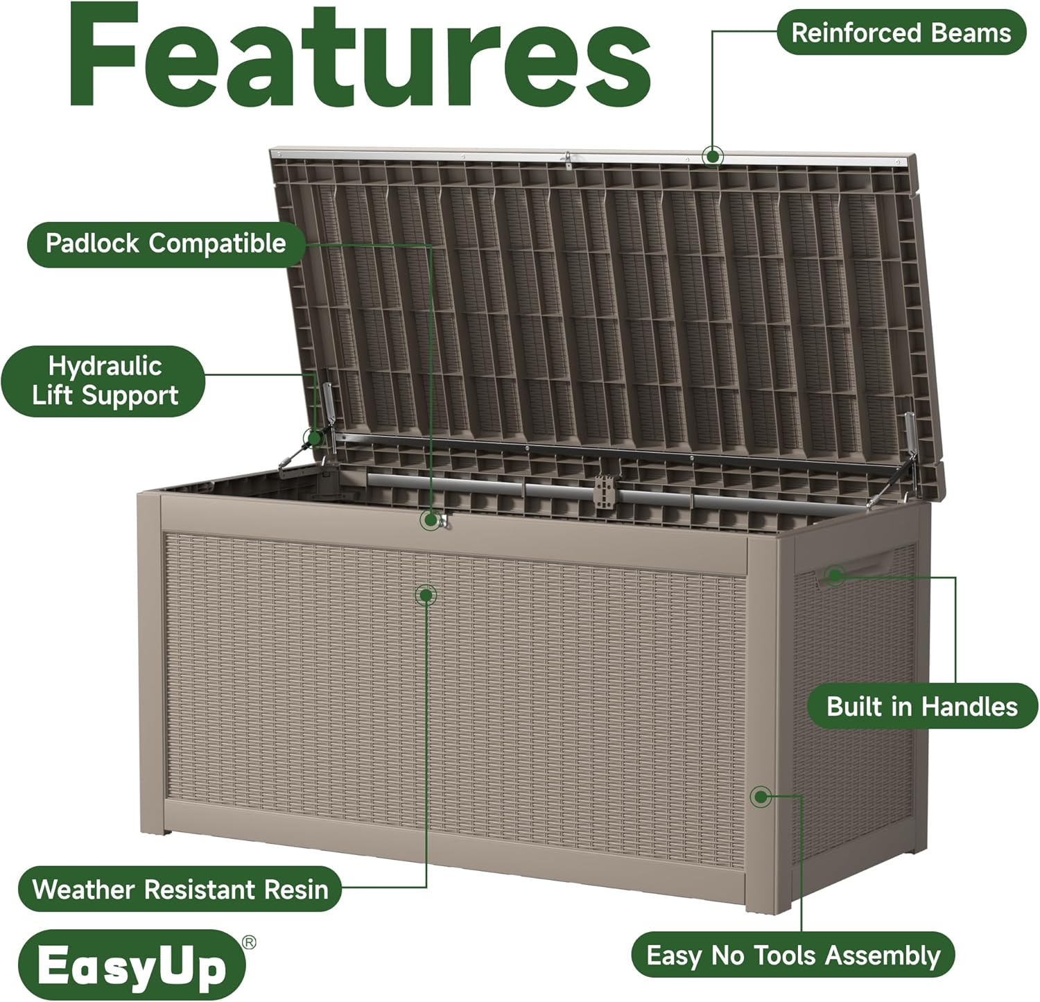 260 Gallon Outdoor Storage Box Waterproof, UV Resistant Resin Deck Box with Hydraulic Rod, Reinforced Stability for Patio, Garden, Rattan Gray-VerdiqueGarden