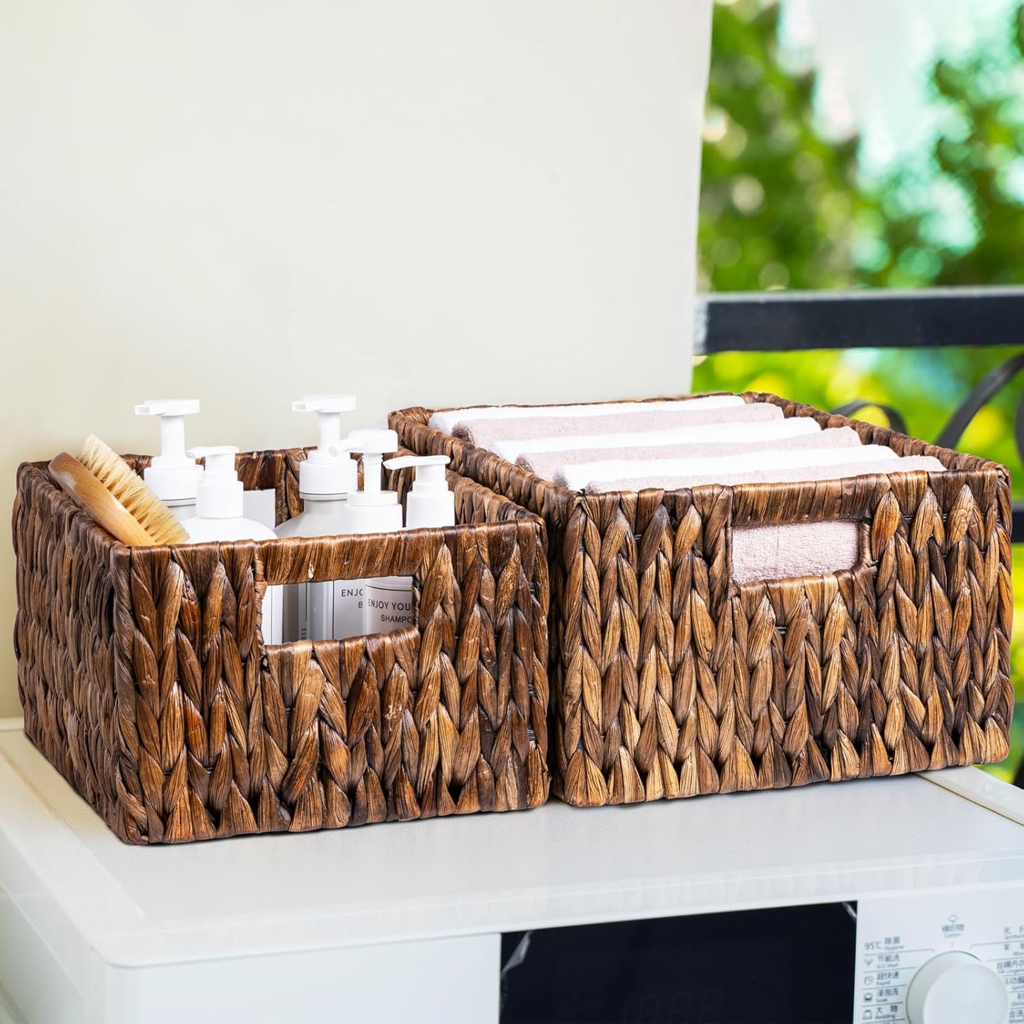 FairyHaus Wicker Basket with Handle 2Pack-15x11x7" & 13.4x9.5x6.5", Brown Water Hyacinth Wicker Baskets for Storage, Natural Hand Woven Baskets for Organizing-VerdiqueGarden