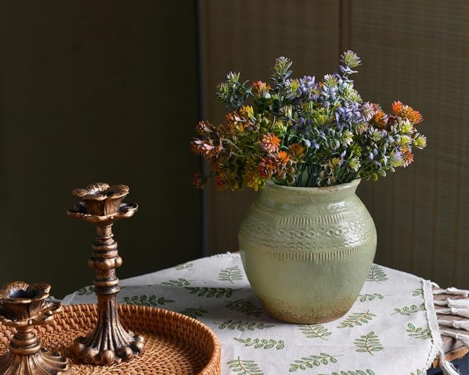 Quoowiit Ceramic Rustic Farmhouse Vase, Green Distressed Flower Vase for Home Decor, Boho Decorative Vases for Centerpiece Table Decorations, Vases for Living Room Kitchen Entryway Mantle Shelf Decor-VerdiqueGarden