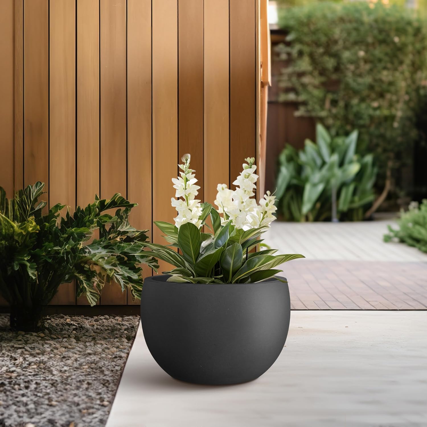 Kante 11.8" Dia Round Concrete Planter, Outdoor/Indoor Large Bowl Plant Pots with Drainage Hole and Rubber Plug for Garden Patio Balcony Home, Black-VerdiqueGarden