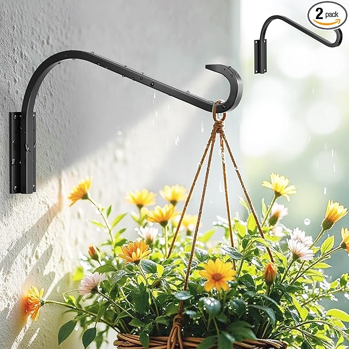 12 Inch 2 Pack Plant Hangers for Indoor/Outdoor Wall Mount - Heavy Duty Hanging Plant Holder & Bird Feeder Hooks, Decorative Black Metal Wall Hangers for Plants, Flower Baskets-VerdiqueGarden