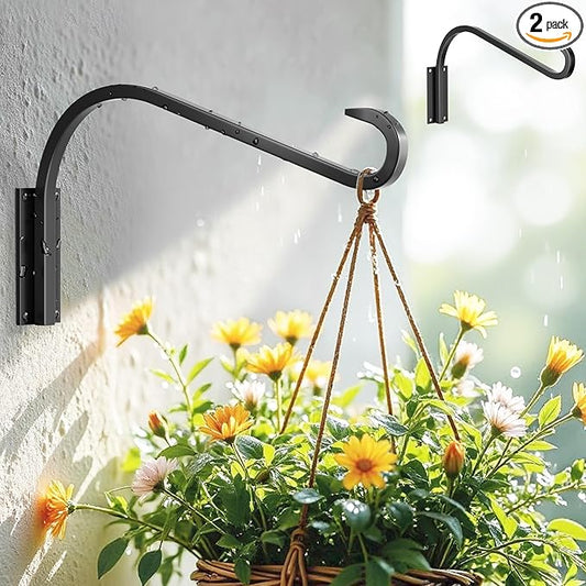 12 Inch 2 Pack Plant Hangers for Indoor/Outdoor Wall Mount - Heavy Duty Hanging Plant Holder & Bird Feeder Hooks, Decorative Black Metal Wall Hangers for Plants, Flower Baskets-VerdiqueGarden