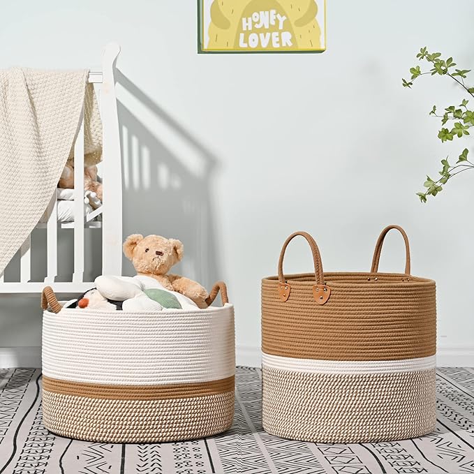 KAKAMAY Large Blanket Basket (20"x13"),Woven Baskets for storage Baby Laundry Hamper, Cotton Rope Blanket Basket for Living Room, Laundry, Nursery, Pillows, Baby Toy chest (White/Brown)-VerdiqueGarden
