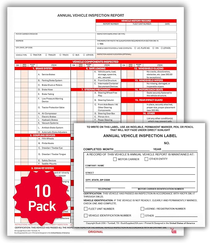10 Pack 3-Ply Carbonless Annual Vehicle Inspection Report Forms with FMCSA 2-Ply Mylar Laminate Adhesive Vinyl Labels, DOT Inspection Forms and Stickers, Shrink-Wrapped, 8.5" x 11.75" - Made in USA-VerdiqueGarden