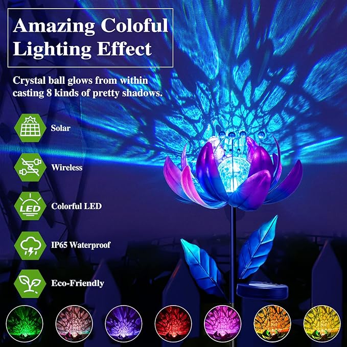 Solar Purple Metal Flower Wind Spinners, Colorful Spinning Windmill Lotus Yard Art Lights Wind Pinwheels with LED Crystal Ball Decorative Stake Lighting Flower Sculpture-VerdiqueGarden