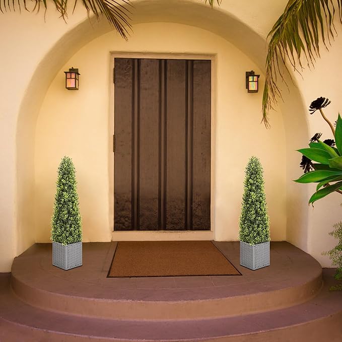 48 Inch Artificial Boxwood Outdoor Topiary Tree Set of 2, 4FT Potted Boxwood Tree Cone Topiary Artificial Plant Shrub for Front Porch Home Office Decor…-VerdiqueGarden