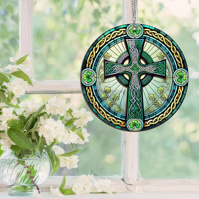 Irish Gifts, St Patricks Day Decor - Birthday, Christmas, Good Luck Irish Gifts for Men Women, Shamrock Decorations, Celtic Cross Home Decor - Window Suncatcher Hanging Decorations 6 in-VerdiqueGarden