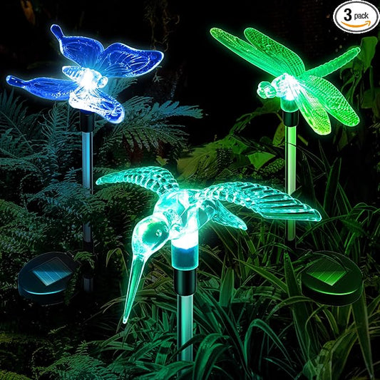 Anordsem Solar Garden Lights Outdoor: 3 Waterproof PVC Insect Light Heads - Changeable Color LED Stake for Homeowners Patio Decoration - Gardening Gifts for Garden Enthusiasts-VerdiqueGarden