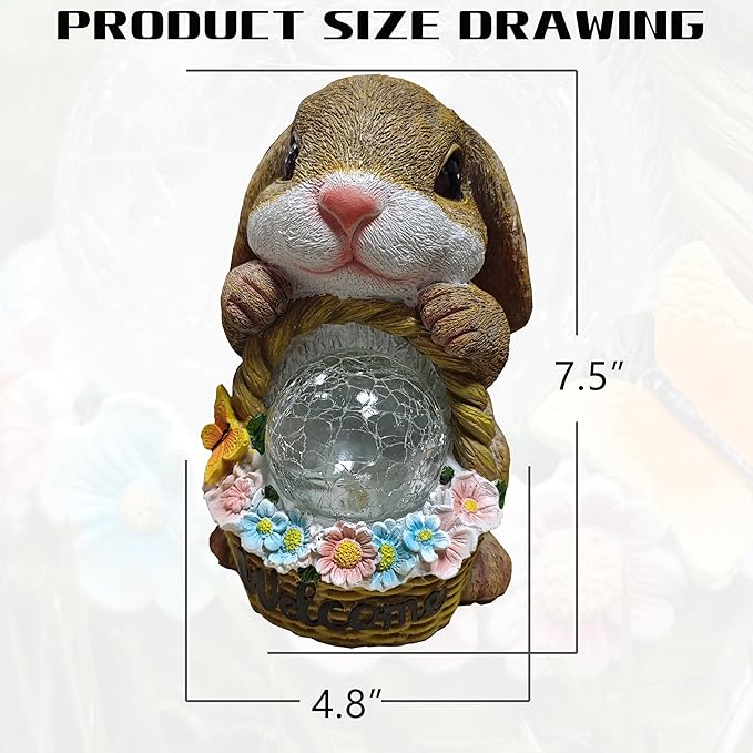 Solar Rabbit Garden Outdoor Statues,Resin Rabbit Figurine Carrying Flower Basket and Magic Orb with Solar LED Lights, Lawn Decor Outdoor Statue for Patio, Balcony, Yard Ornament-VerdiqueGarden