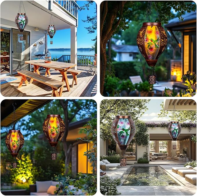 Hummingbird Hot Air Balloon Solar Lantern, Metal & Glass Flickering Flame Light Solar Lantern, Hanging Waterproof Solar Lanterns Outdoor for Garden Patio Tree Decoration-VerdiqueGarden