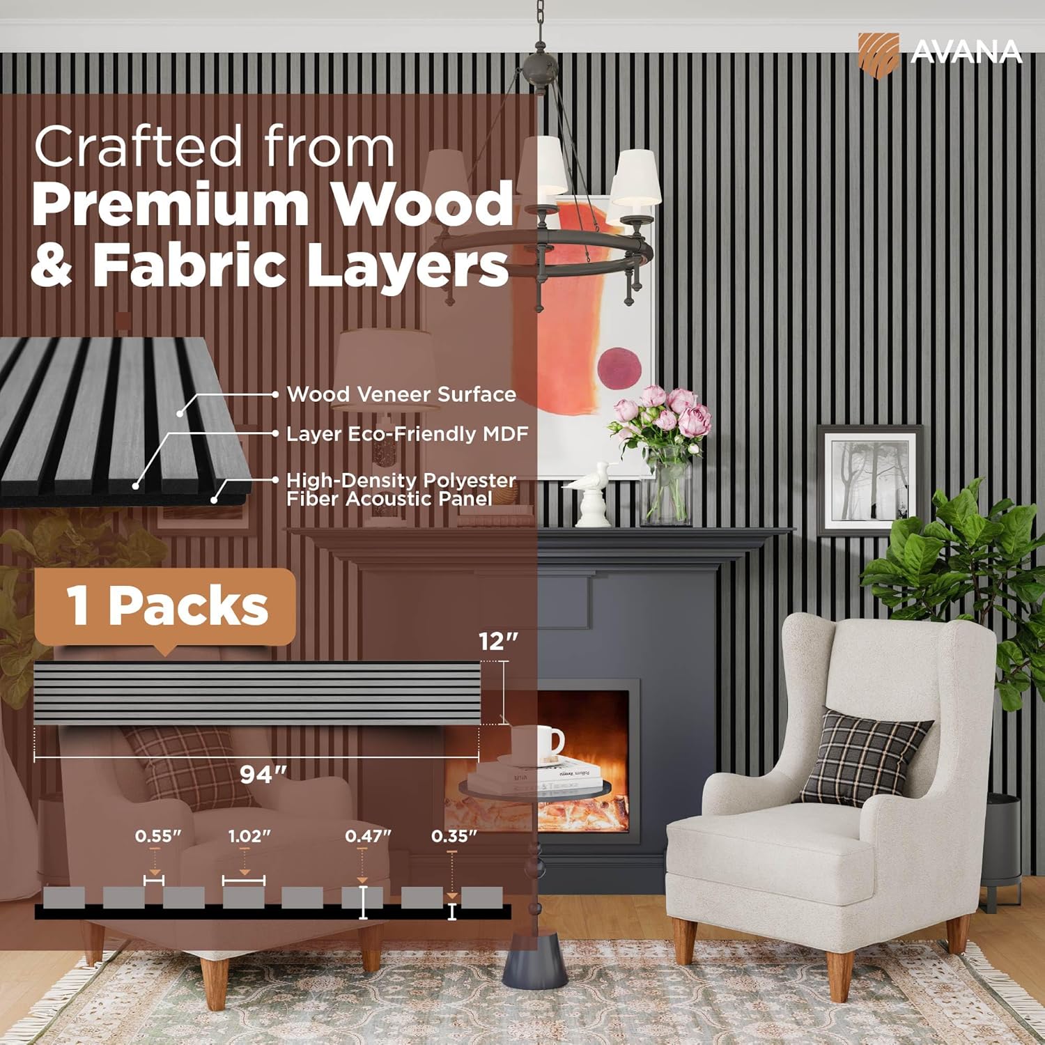 Avana Modern Acoustic Wood Wall Panels – 94.4 X 12.59 Inch Gray Oak Acoustic Panels 1 PC – Wall Panels For Interior Wall Decor For Homes, Offices, Studios – Sturdy And Durable Wood Panels For Wall-VerdiqueGarden
