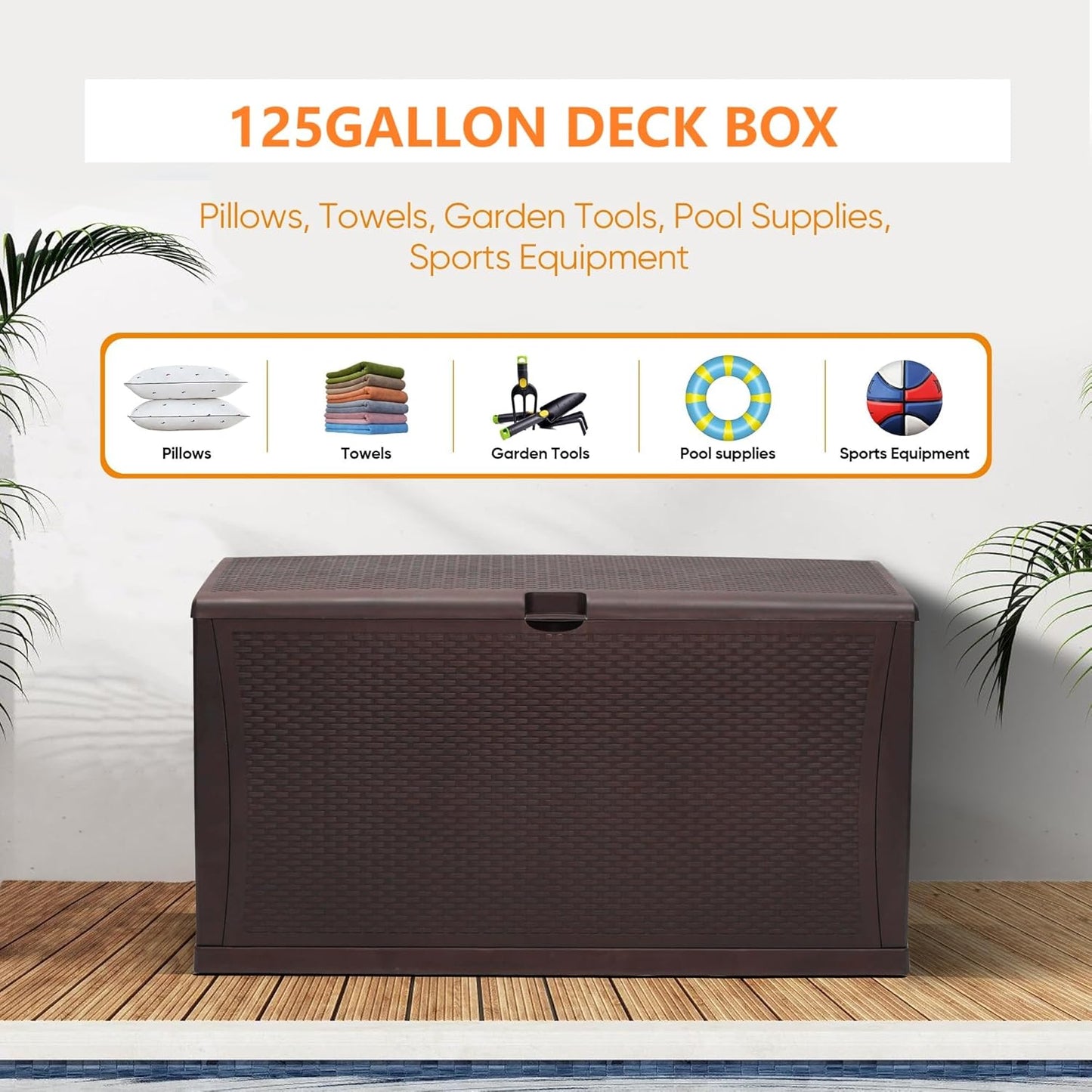 125 Gallon Resin Deck Box, Weatherproof Outdoor Storage Box for Patio, Garden, Pool, and Yard, Lockable Waterproof Bin for Tools, Cushions, and Accessories, Brown-VerdiqueGarden