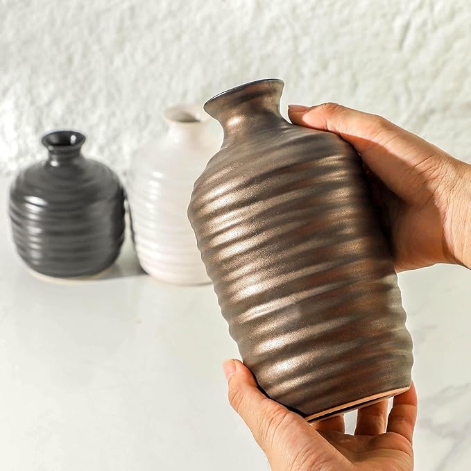 Ceramic Vase Set of 3 Decorative Vase for Home Decor Modern Farmhouse Decor Pottery Neutral Vases for Living Room Bathroom Table Mantel Fireplace Entryway Shelf (02-Metallic)-VerdiqueGarden
