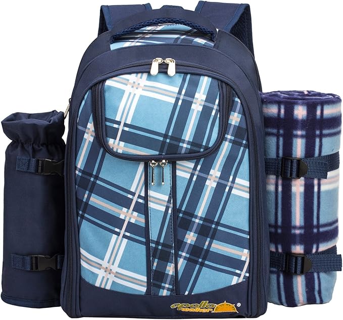 Apollo walker Picnic Backpack Set for 4 with Cooler Compartment,Detachable Bottle/Wine Holder Including Large Picnic Blanket(45"x 53") for Picnic Family and Lovers Gifts,Outdoor,BBQ Time (Blue)-VerdiqueGarden