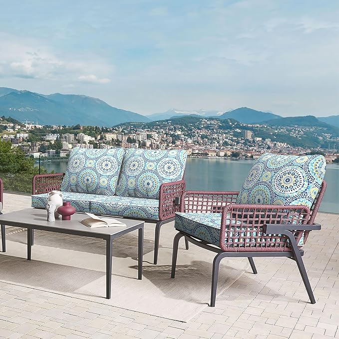 LVTXIII Outdoor Deep Seat Cushion Patio Seat and Back Cushion Set Seasonal Chair Cushion with Removable Cover and Adjustable Buckle for Home and Garden, 24"x24"x4", Delancey Lagoon-VerdiqueGarden