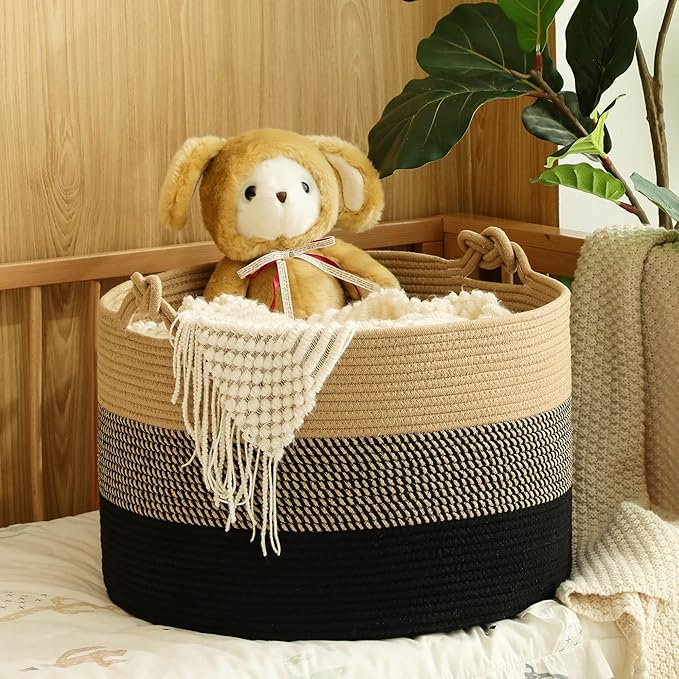 KAKAMAY Large Blanket Basket (20"x13"),Woven Rope Baskets for storage Baby Laundry Hamper, Cotton Rope Blanket Basket for Living Room, Laundry, Nursery, Pillows,Baby Toy chest (Jute/Black)-VerdiqueGarden