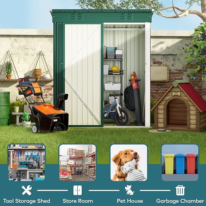 Gizoon 5' x 3'Outdoor Storage Shed with Singe Lockable Door,Galvanized Metal Shed with Air Vent Suitable for The Garden,Tiny House Storage Sheds Outdoor for Backyard Patio Lawn-Green-VerdiqueGarden