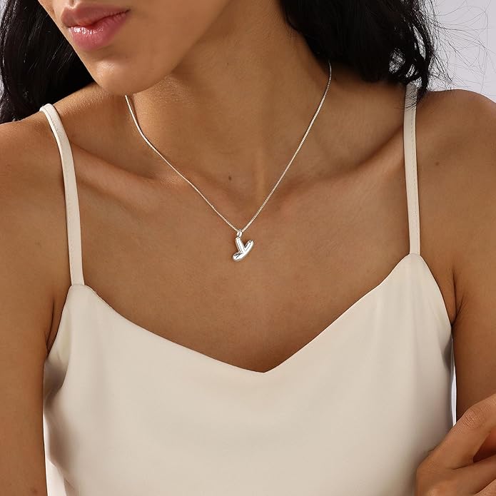 Bubble Gold Silver Letter Necklace Initial Necklaces for Women Trendy 14K Dainty Charm Pendant Name Necklace Personalized Jewelry Gift for Women Teen