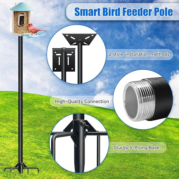 QwayHome【New Upgrade】 80In Smart Bird House Poles, 1Inch Dia Poles, Outdoor Bird Feeder Pole Mount Kit for Smart Bird Feeder & Wooden Birdhouse & Weather Station, Heavy Duty, Adjustable, 5-Prong Base-VerdiqueGarden
