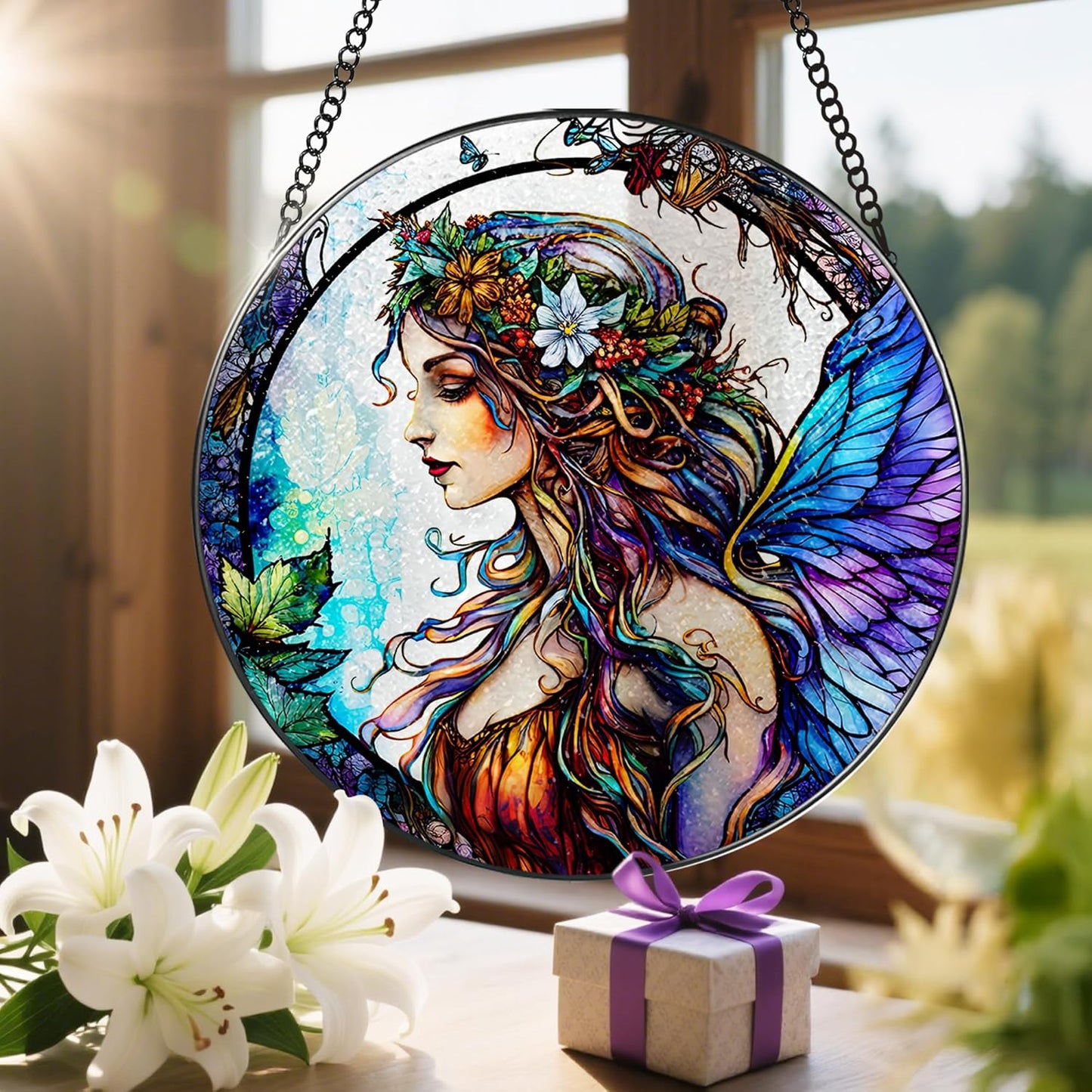 Stained Glass Window Hanging, LAOWEIKI 8'' Fairy Suncatcher, Stained Glass Ornament, Suncatchers for Windows Hanging, Window Decor, Outdoor or Indoor, Gifts for Women, Bestie, Friends-VerdiqueGarden