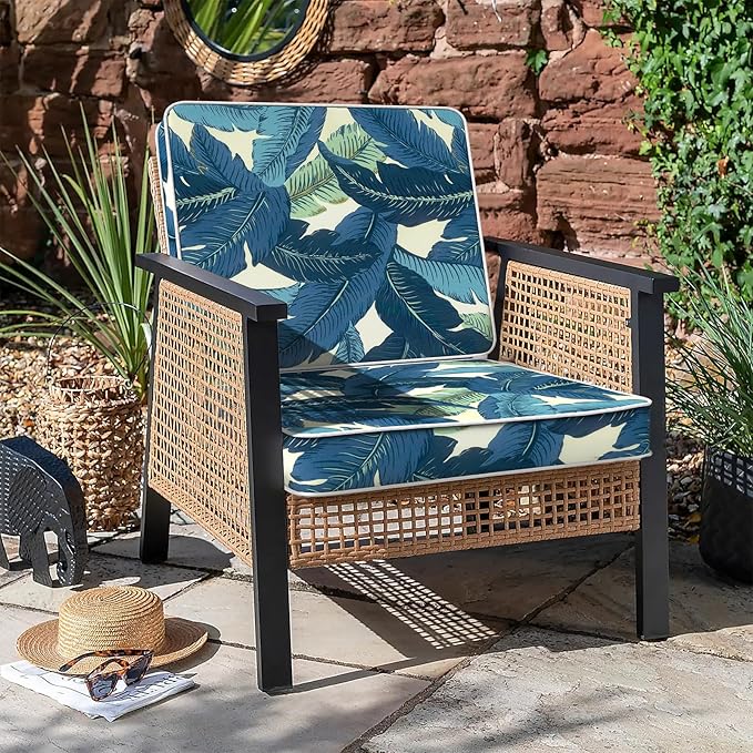 LVTXIII Patio Chair Cushions 22"x22"x3", Water-Repellent Outdoor Seat Cushions for Patio Furniture, Square Chair Pads with Ties for Home Garden Decoration, Set of 2, Swaying Palms Blue-VerdiqueGarden