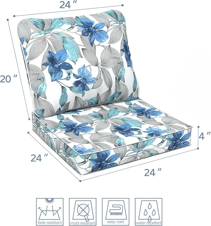 LVTXIII Outdoor Seat and Back Cushion Patio Deep Seat Cushion Set Seasonal Chair Cushion for Wicker Chairs and Garden Furniture Decoration, 24"x24"x4", Clemens Noir Blue-VerdiqueGarden