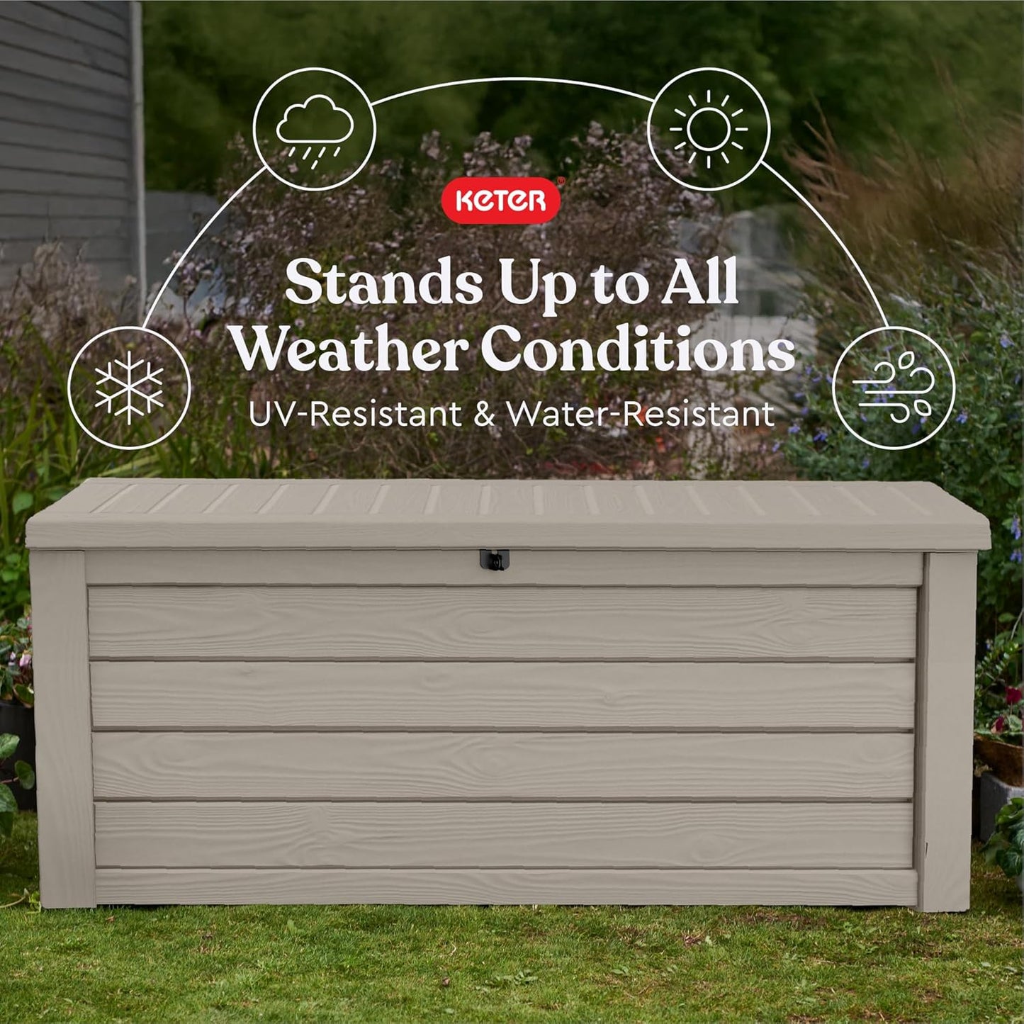 Keter Westwood 150 Gallon Resin Large Outdoor Storage Box for Patio Furniture, Outdoor Cushions, Garden Tools and Pool Floats, Beige-VerdiqueGarden