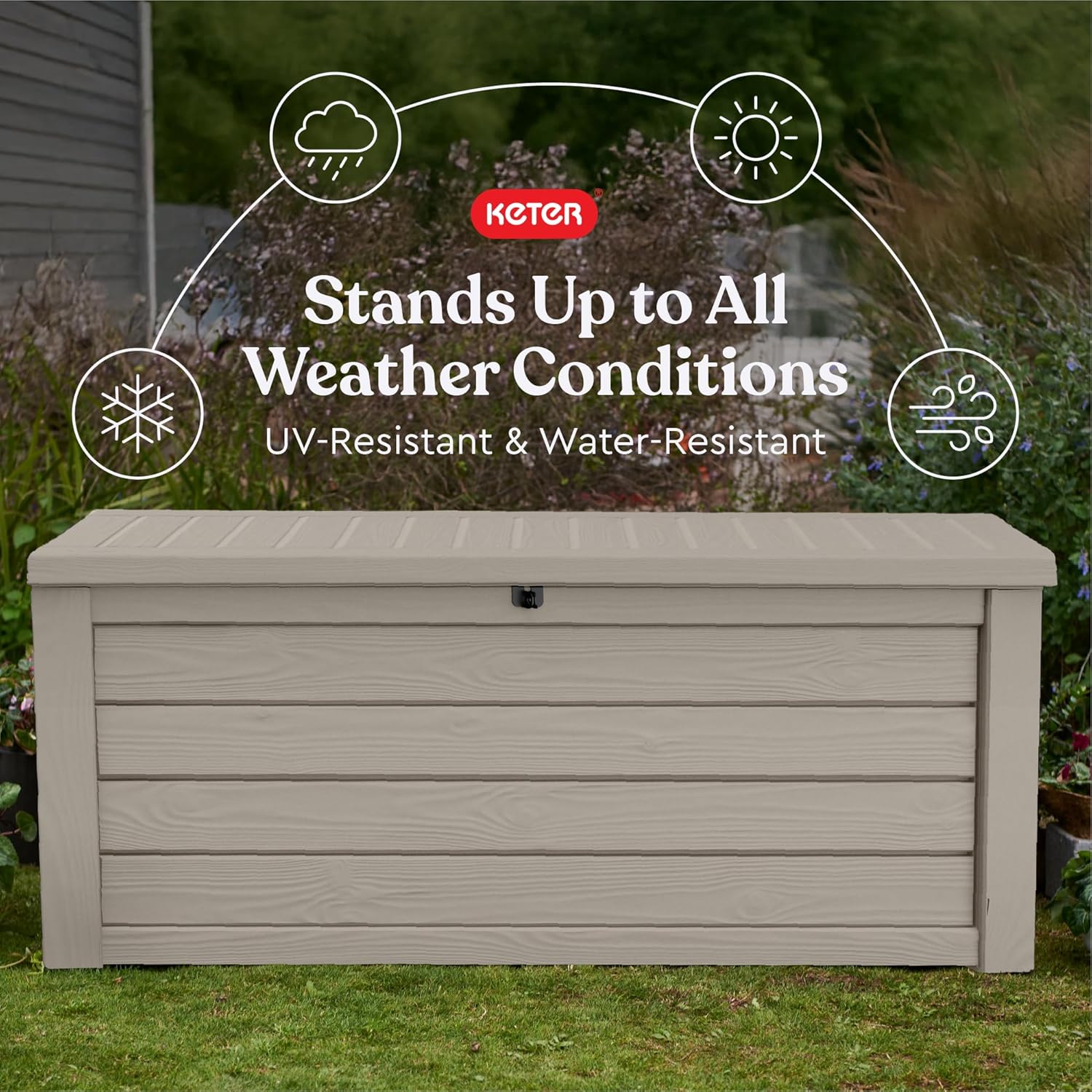 Keter Westwood 150 Gallon Resin Large Outdoor Storage Box for Patio Furniture, Outdoor Cushions, Garden Tools and Pool Floats, Beige-VerdiqueGarden