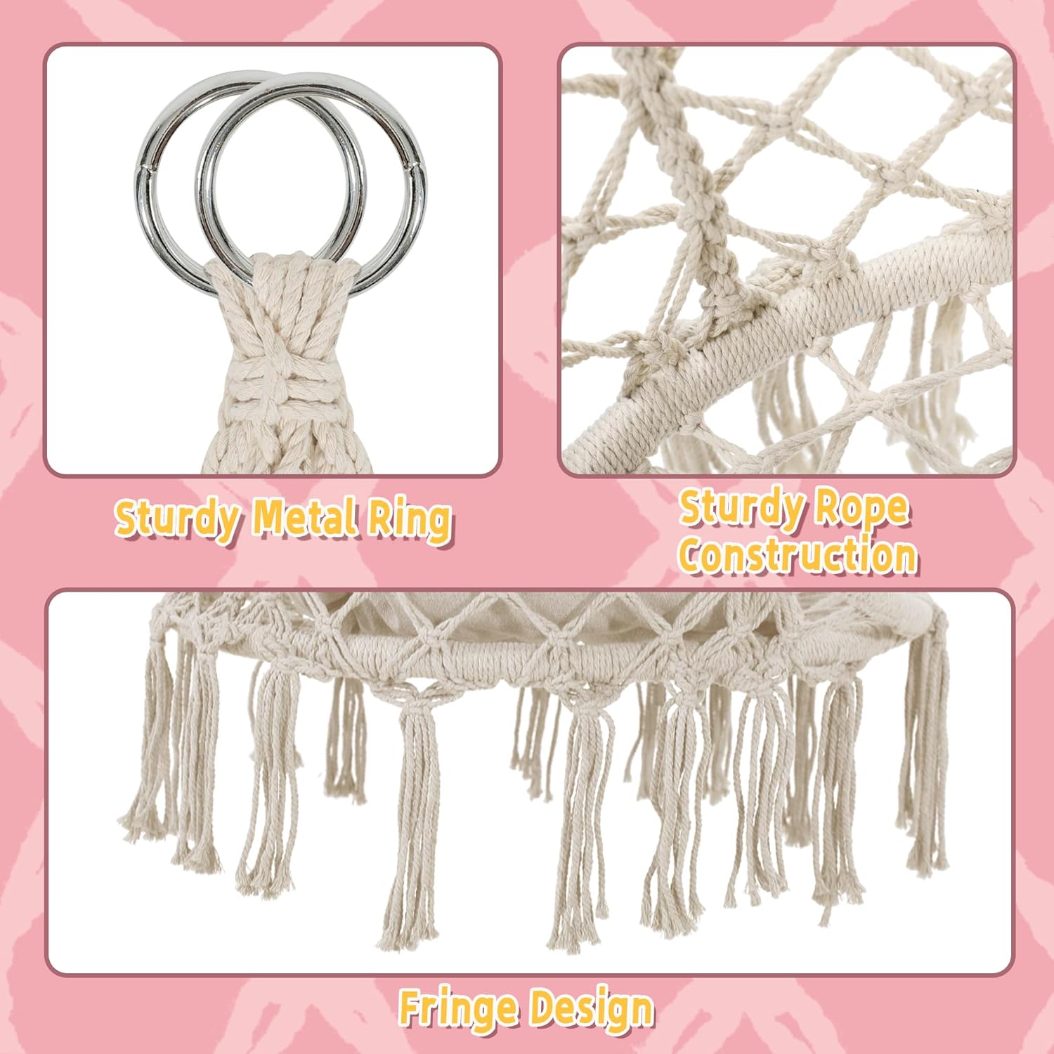 Macrame Hammock Hanging Swinging Chair with Medium Cushion, Perfect for Bedroom, Porch, Adults, Balcony, Beige-VerdiqueGarden