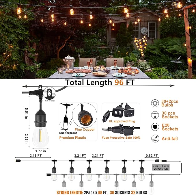 Achin Outdoor String Lights 96FT(48FT*2) Waterproof IP65 LED Patio Lights with 30+2 S14 Edison Bulbs Warm 2200K Hanging Lights Outside Shatterproof String Lights for Outside Bistro, Market, Yard-VerdiqueGarden