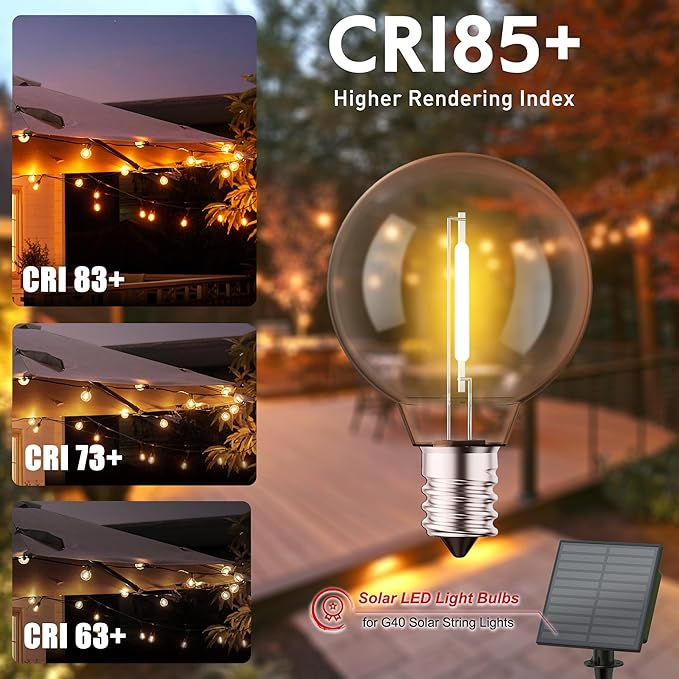 Brightown G40 Solar Replacement Bulbs, E12/C7 Candelabra Screw Base, 3V, 0.15W, 1.5 Inch Shatterproof Globe LED Bulbs Only for Solar Outdoor String Lights, 2700K, Dimmable, Warm White, 25 Pack-VerdiqueGarden