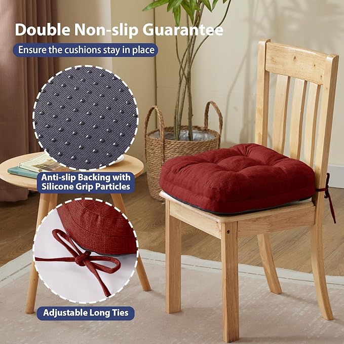 Chair Cushions for Dining Chairs, Dining Chair Cushions, Tufted Indoor Chair Pads with Ties & Non Slip Backing, Seat Cushions for Kitchen Chairs 16.5” x 16.5” x 3.5”, Set of 4, Red-VerdiqueGarden