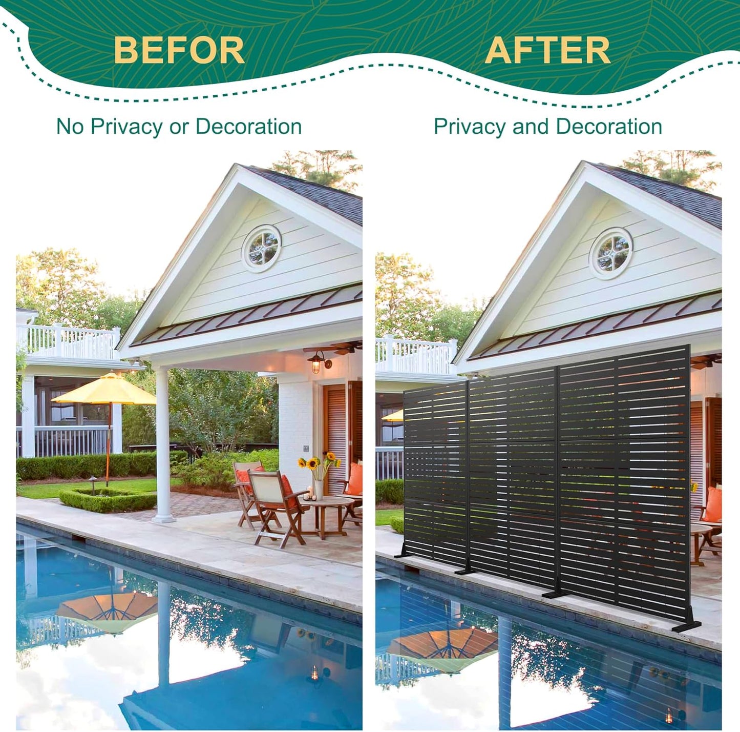 72" H×47" W Metal Privacy Screen Outdoor Privacy Screen Freestanding, Outdoor Privacy Screens and Panels for Patio Lawn Deck, Outdoor Privacy Panels Decorative Privacy Fence(Consists of 3 Panels)-VerdiqueGarden