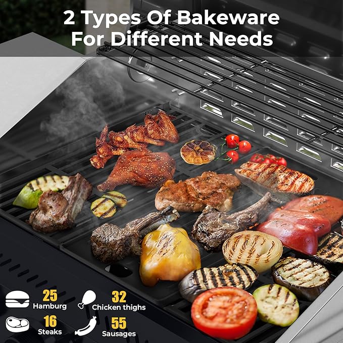 R.W.FLAME 4-Burner Gas Grill with Side Burner, Stainless Steel Propane Grill 42000BTU for Outdoor Cooking, with Porcelain-Enameled Cast Iron Grates, Baking Pan, Silver-VerdiqueGarden