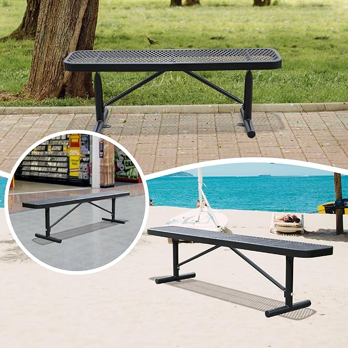 72" L Steel Flat Bench Garden Bench, Black Outdoor Park Bench Weather-Resistant Steel Metal, Patio Seating for Front Porch Backyard Park Outside, Metal Benches for Outside to dodrill to Ground-VerdiqueGarden