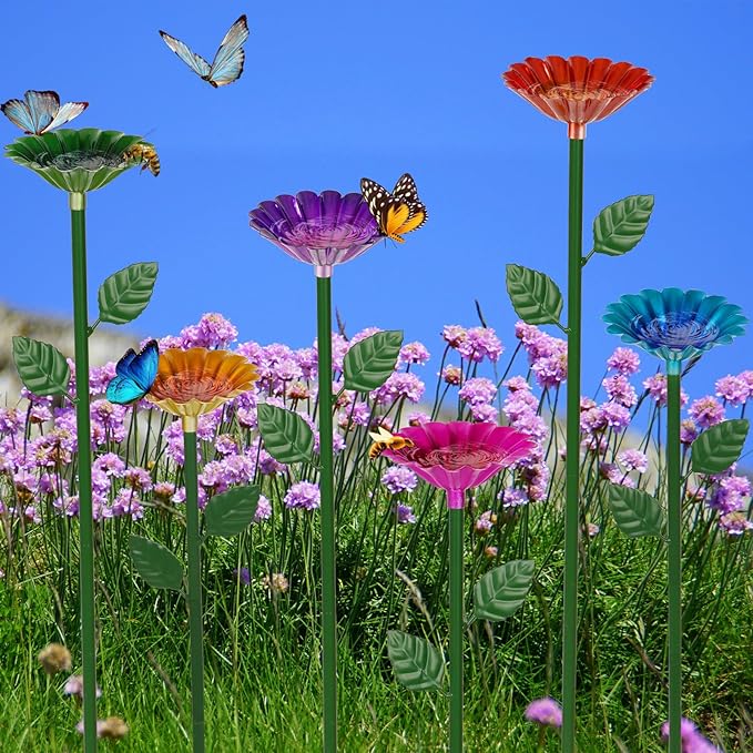 6 Pack Bee Watering Station, Bee Bath for Garden Metal Bee Water Feeder with Flower Design, Colorful Butterfly Bee Bath Bowl for Outdoor Garden Yard Decor-VerdiqueGarden
